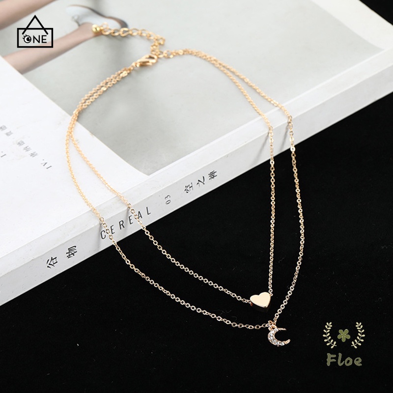 COD❤Kalung Rantai Multilayer Dengan Liontin Hati Dan Bulan Untuk Wanita A one