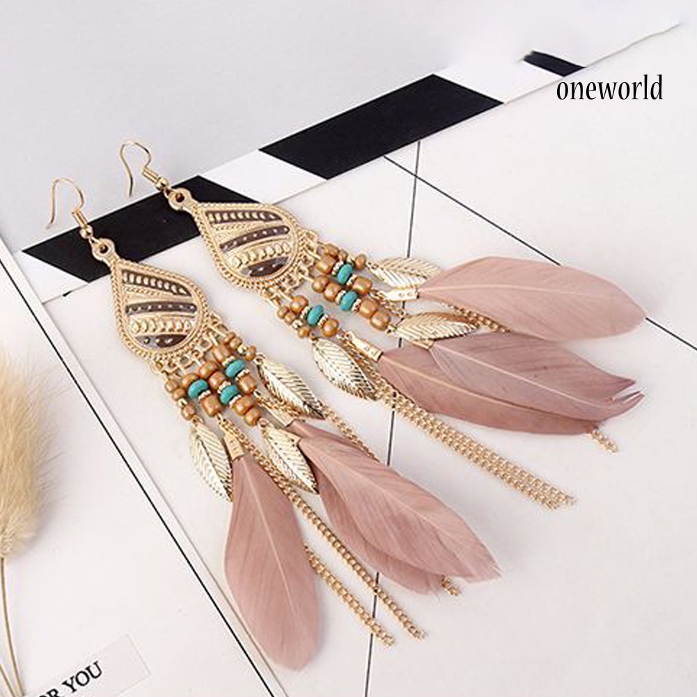 OW@ Vintage Elegant Long Pendant Dangle Hook Feather Earrings Women Jewelry Gift