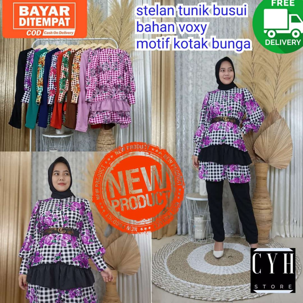 SETELAN TUNIK MOTIF KOTAK BUNGA BAHAN VOXY / SETCEL / ONE SET / FASHION MUSLIM / 5577