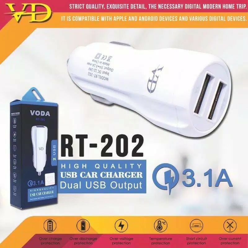 CAR CHARGER MOBIL/SAVER VODA 3.1A RT-202 2USB + KABEL V8/MICRO