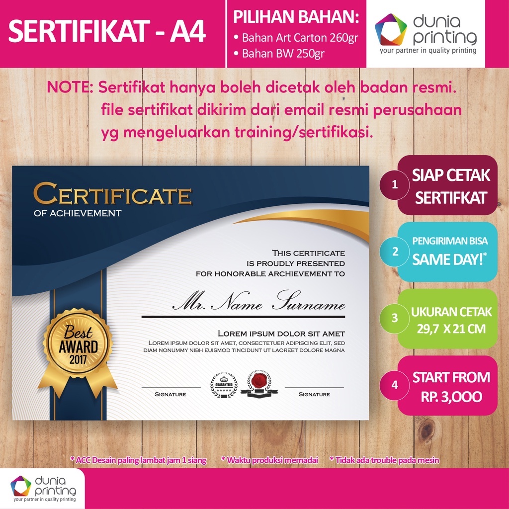 

Cetak Sertifikat A4 - bahan BW dan Art Carton 310 grm