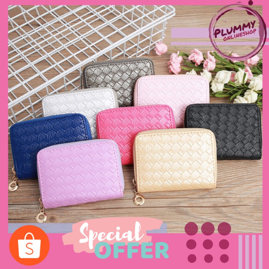 Dompet Kartu Kulit Mini Tikar / Dompet Wanita Resleting Motif Anyam / Card Holder