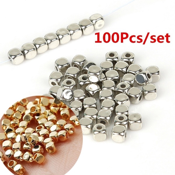 100pcs Manik-Manik Bentuk Kubus Bahan Metal Warna Silver Ukuran 3.5x3mm Untuk Perhiasan