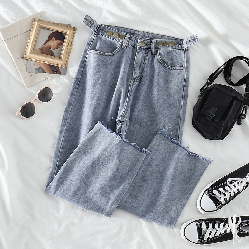 Jeans Rawis Highwaist Straight Loose  Korean Style Dengan Warna Biru Celana Wanita