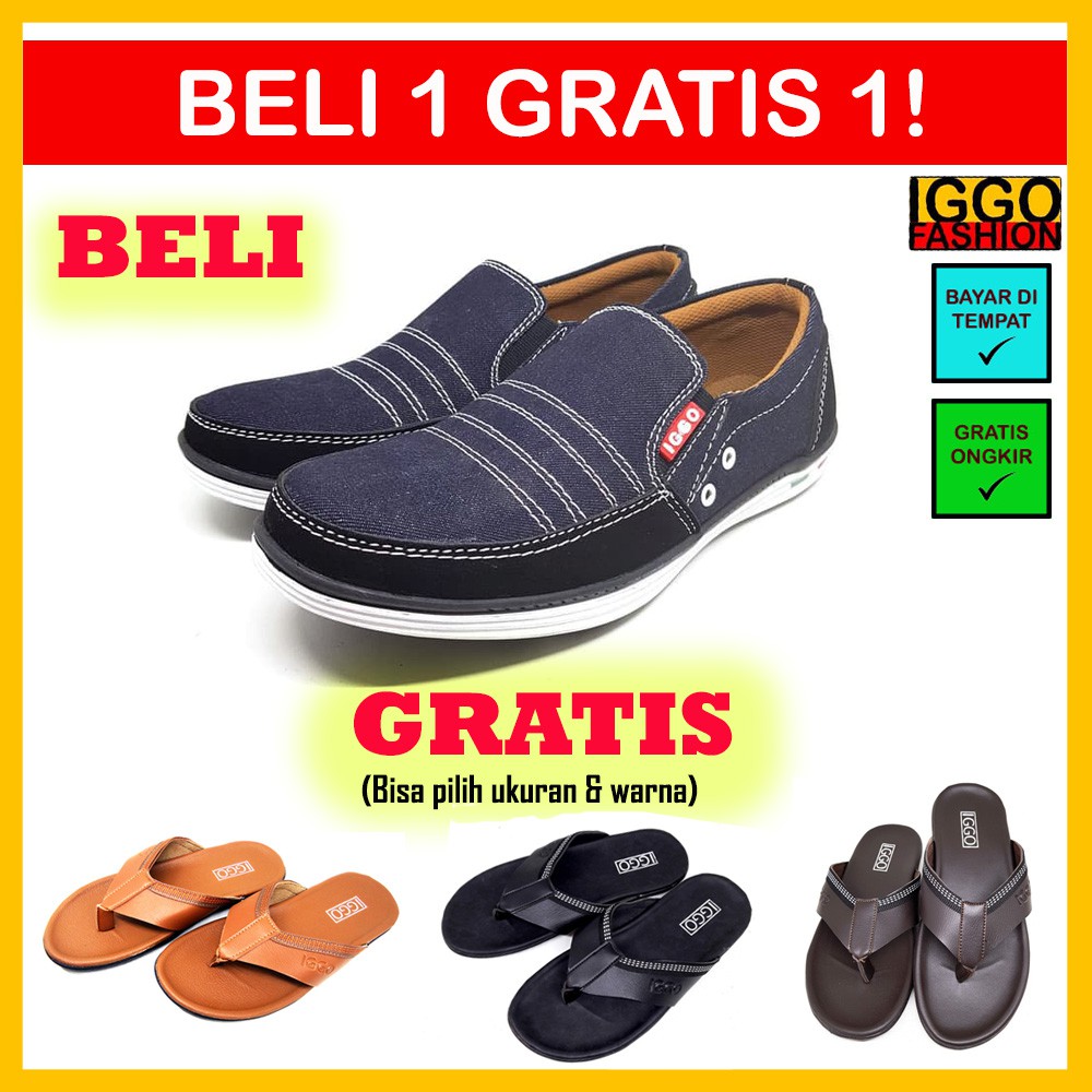 IGGO PAKET BUNDLING SEPATU Denim Black + 1 SANDAL SINGLE STRAP