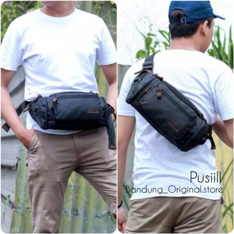 PUSIILL - Tas Waist Bag Pria Kulit Keren | Tas Pinggang Selempang Bahan Kulit Kombinasi Cordura | Tas Slempang Premium