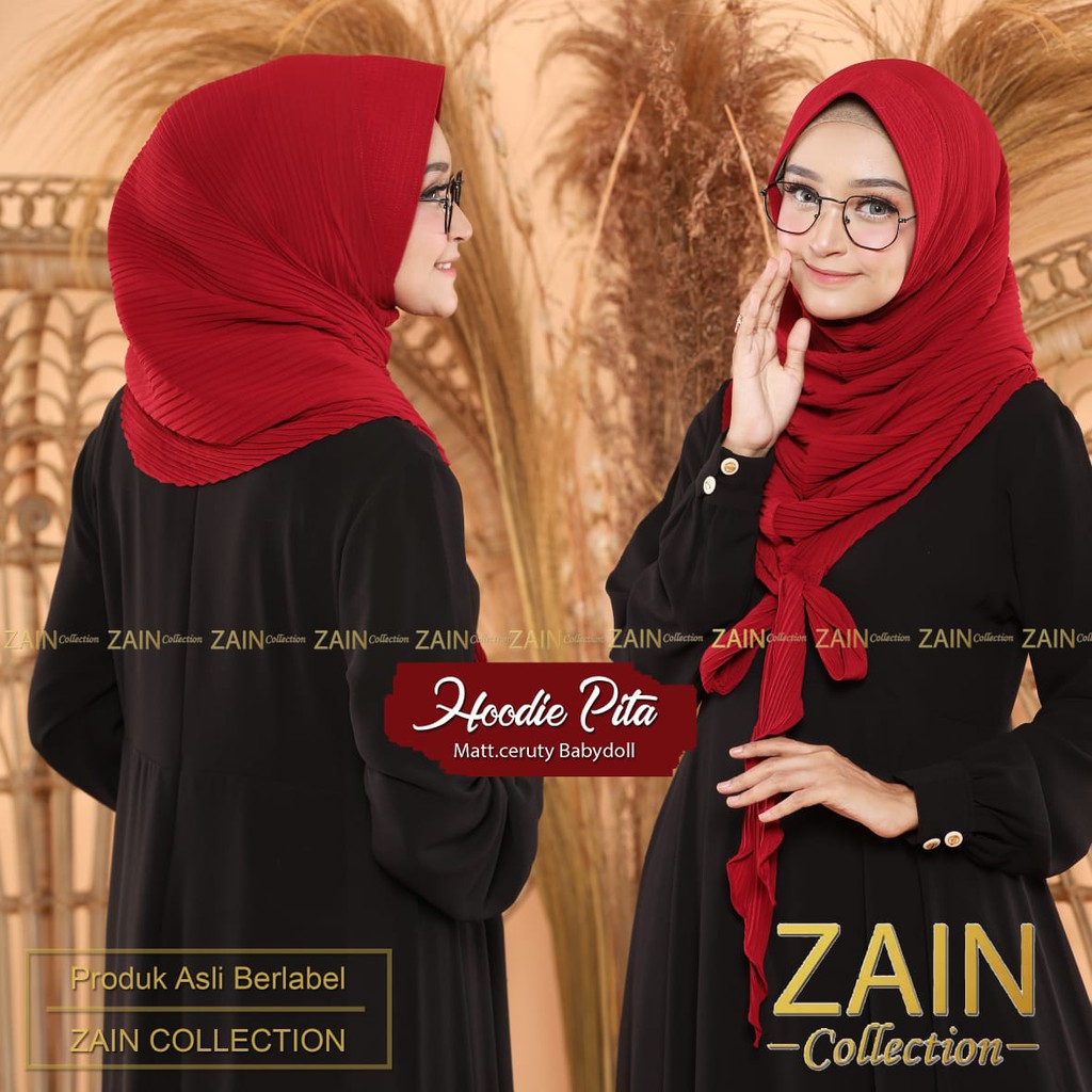 Jilbab Instan Hoodie Pita Plisket Ori Zain Collection-MAROON