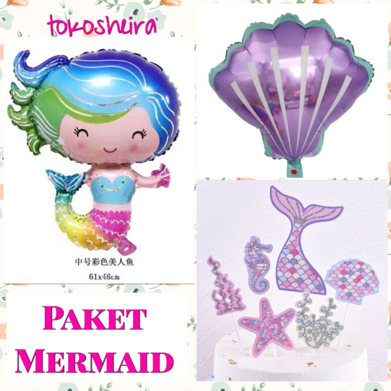 Paket Balon Mermaid Jumbo Putri Duyung Cake Topper Balon Mini Kerang Set Happy Birthday Balon Bogor