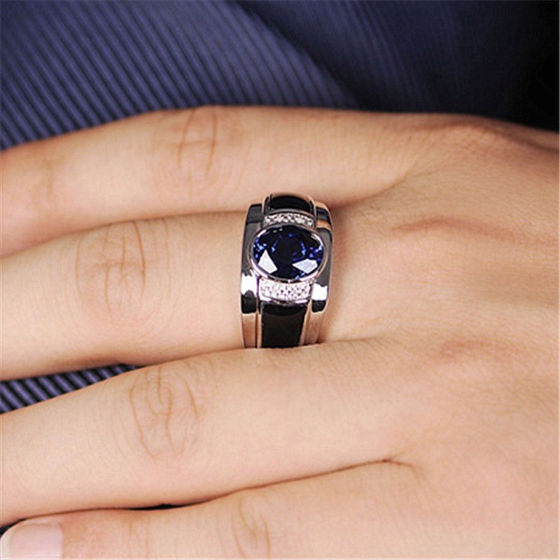 Cincin Pria Batu Blue Saphire Cubic Zirconia Akik Safir Biru Royal Warna Ring Perak List Hitam