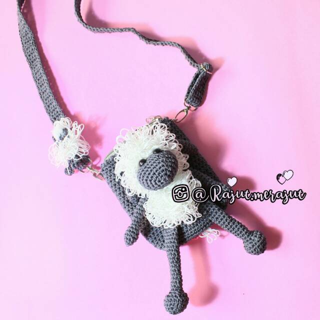 Tas Rajut Mini Abu Putih Sling Bag Karakter Domba Shaun the Sheep 2 Ritsleting untuk Anak dan Dewasa