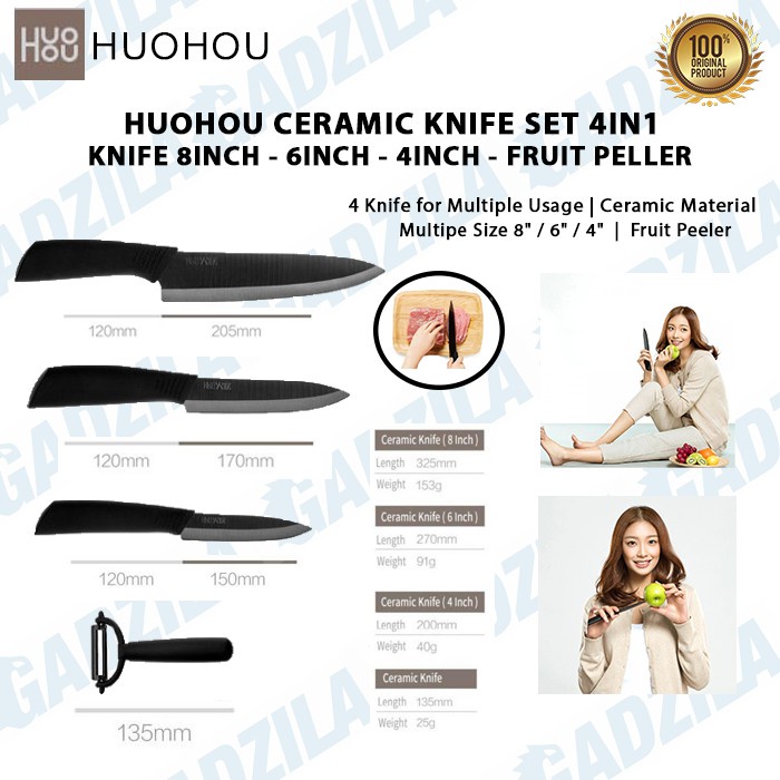 HUOHOU CERAMIC KNIFE SET 4IN1 PISAU KERAMIK DAPUR + PARUTAN BUAH SAYUR