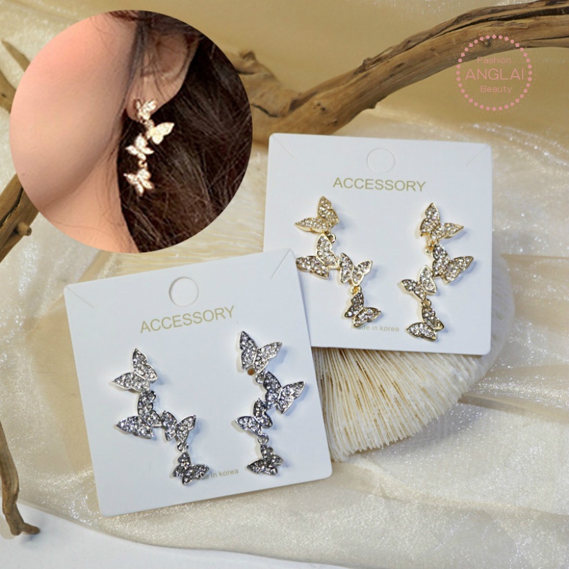 Korean Style Butterfly Tassel Design 925 Silver Needle Alloy Earring Clothes Matching Accessories