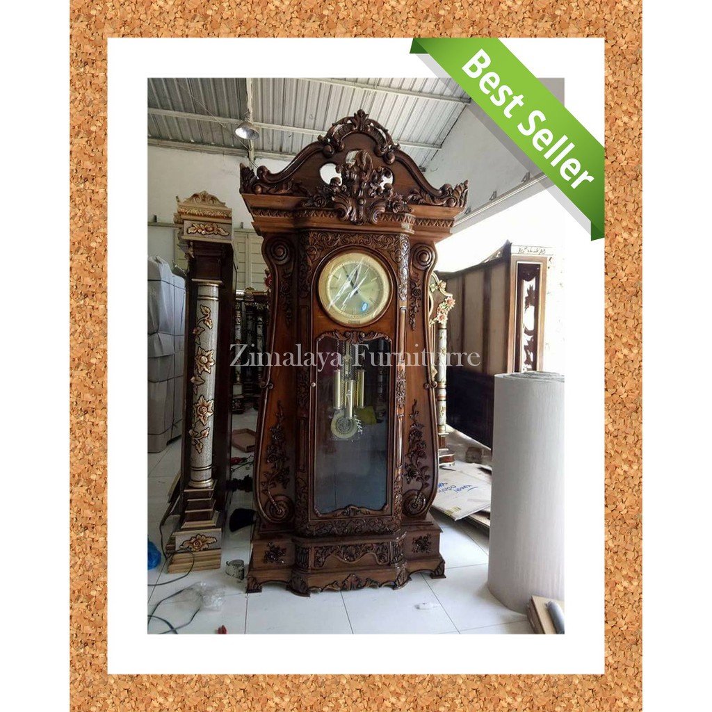 Jam Hias Ruang Tamu Ukir Kayu Jati Finishing