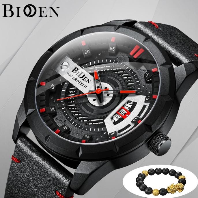 BIDEN Jam Tangan Pria Tali kulit Display Kuarsa Tahan Air Jam Pria