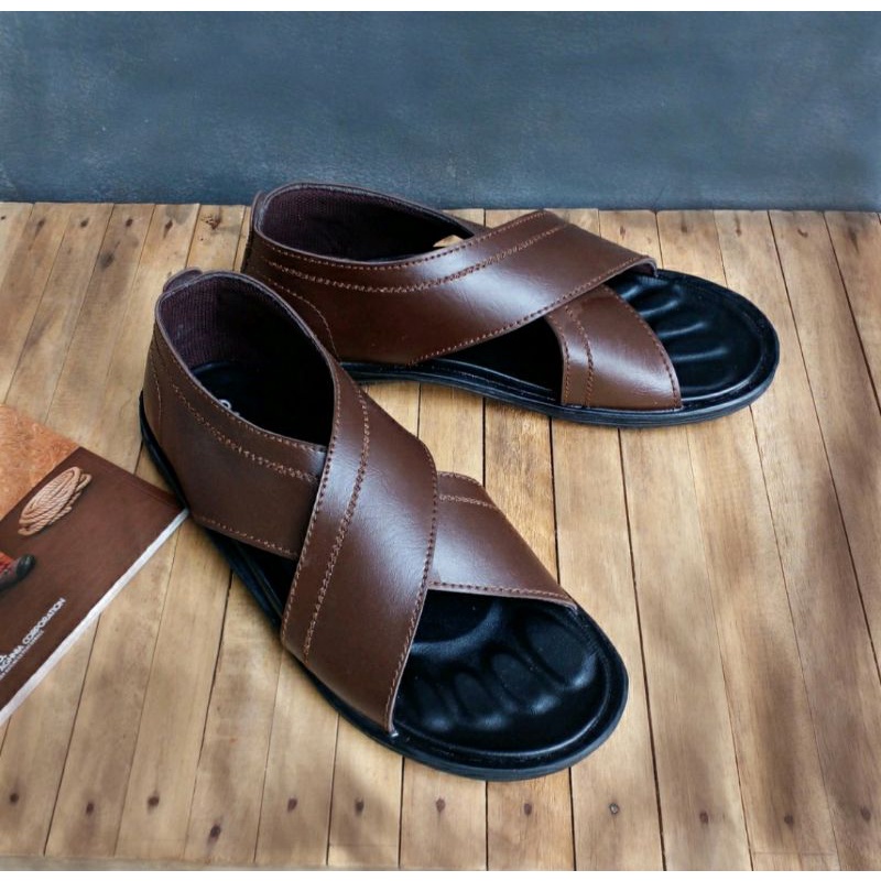 COD / MKshoes Sandal Pria Casual Kulit Terbaru Sendal Model Birkenstock MK-1 Kulit Brown, 41