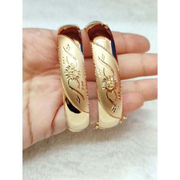 GELANG BANGKOK DEWASA UKIR KEMBANG PERAK 925 LAPIS MAS 24K