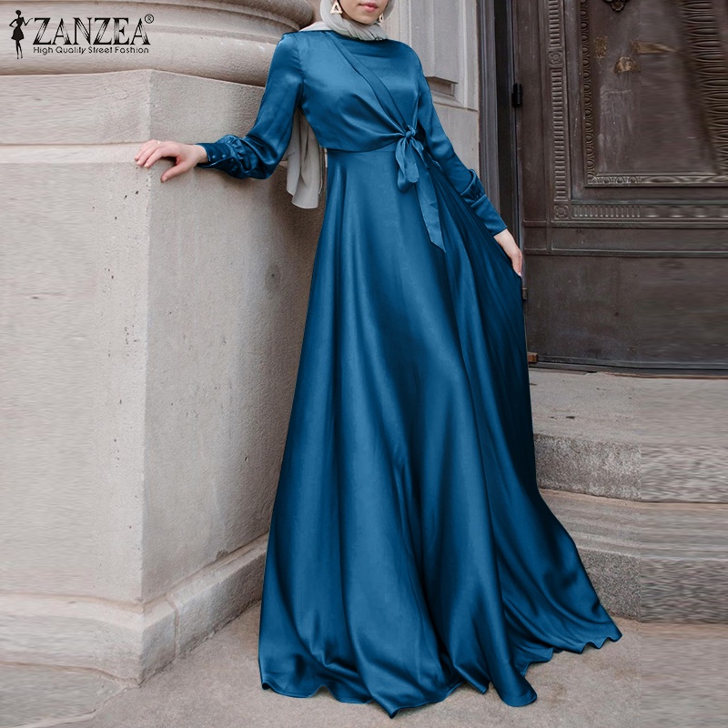 ZANZEA Women Party Gown Long Sleeve Satin Dress Elegant Ladies Maxi Dress