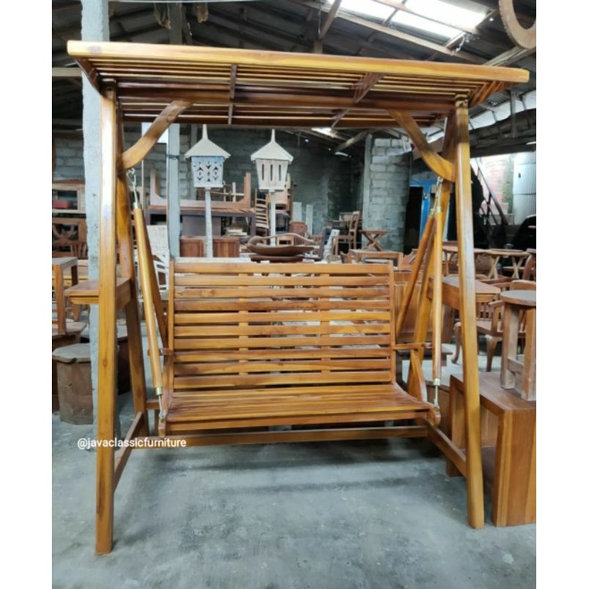 AYUNAN GANTUNG KAYU JATI JUMBO 3 DUDUKAN BANDULAN TERAS RUMAH TAMAN OUTDOOR GARDEN MURAH FINISHING NATURAL FURNITURE JEPARA-1
