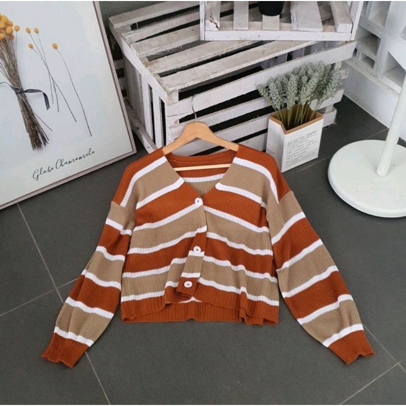(COD) KOREAN CARDY CROP RAJUT KNITED/ CARDIGAN RAJUT MURAH/ CARDIGAN CROP RAJUT-Brick