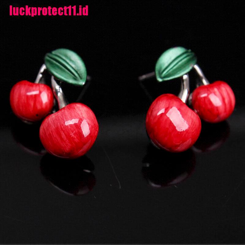 (LUCK) 1 Set Kalung Choker + Anting Tusuk Motif Buah Ceri Merah Untuk Wanita / Pesta Pernikahan