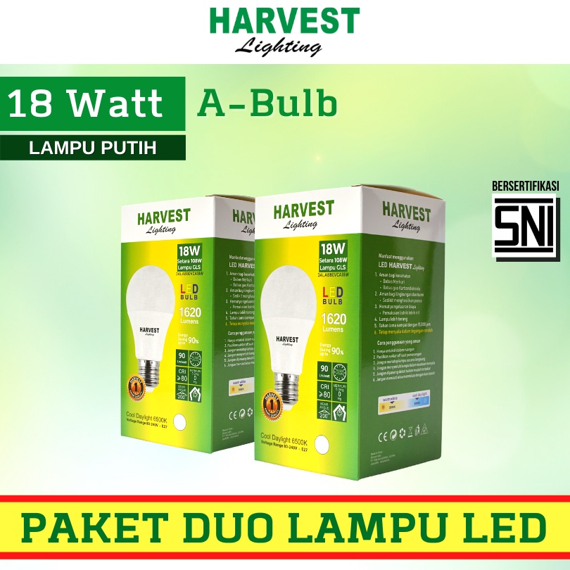 18W - Paket DUO - HARVEST LIGHTING Lampu Bohlam LED A Bulb  18 Watt Lampu Hemat Energi Original Bersertifikasi SNI dan Bergaransi