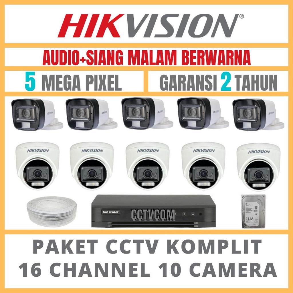 PAKET CCTV HIKVISION COLORVU 5MP 16 CHANNEL 10 CAMERA COLORFULL