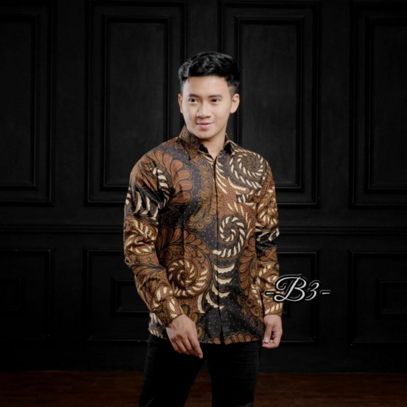 M L XL ATASAN KEMEJA BATIK COWOK MOTIF TWISTER WARNA COKLAT MUDA KOMBINASI HITAM SIMPLE FORMAL CASUA