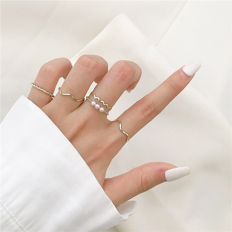 5pcs / Set Cincin Multilayer Hias Mutiara Gaya Korea Untuk Wanita