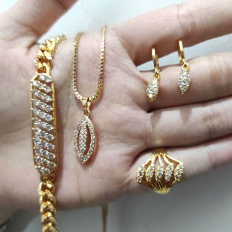 4in1 (Kalung Gelang Cincin Anting Xuping) 1 Set Fashion Wanita Kuping Aksesoris Dewasa Model Permata