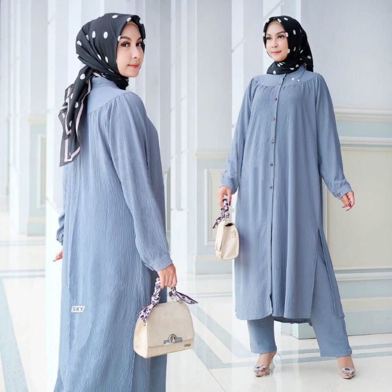 Stelan Rayon. Setelan Muslim. Setelan crinkle. Laluna Set. Baju Wanita. Fashion Muslim. Baju Muslim. Baju Busui friendly