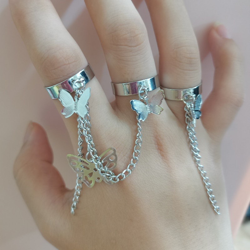 Hip-hop Dark Wind Butterfly Chain Ring Tassel Set Opening Adjustable Ring Punk Style Personality Ring