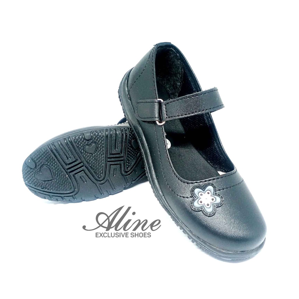 Aline Sepatu Anak Perempuan Size 26-35 Pantofel Sekolah Hitam PAUD TK SD Flats Bunga S01