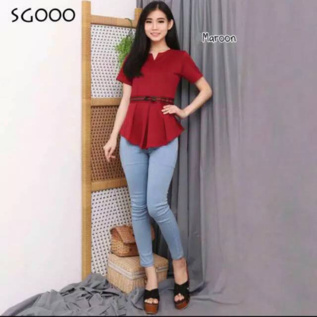 Baju Wanita Scuba atasan blouse pita merah warna maroon,hijau,putih,navy