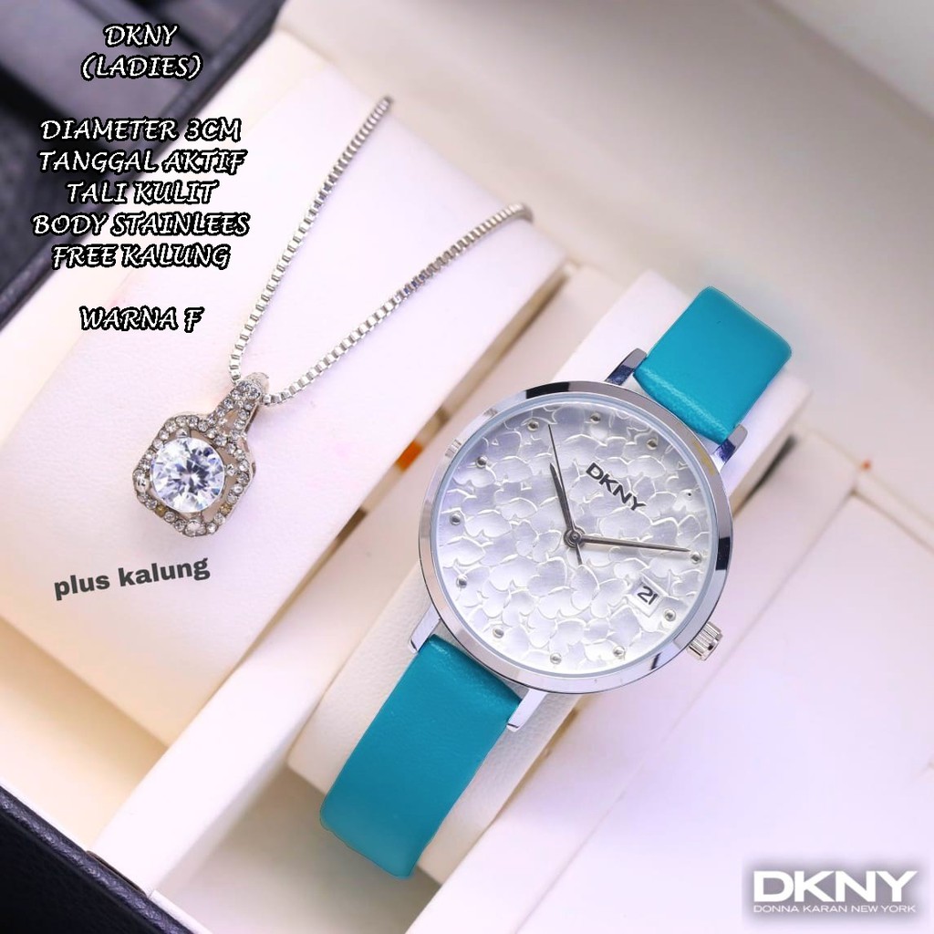 JAM TANGAN WANITA DKNY TALI KULIT BODY BULAT TANGGAL AKTIF FREE KALUNG