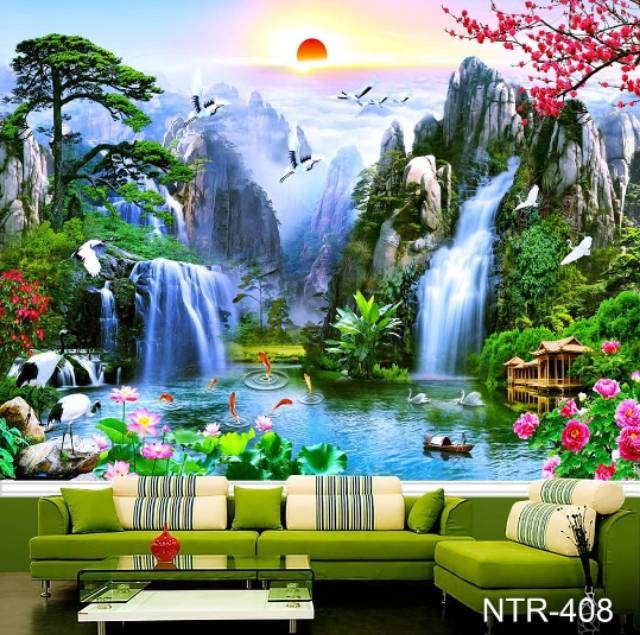 Printing Wallpaper custom 3D Waterfall, Wallpaper Dinding Air Terjun
