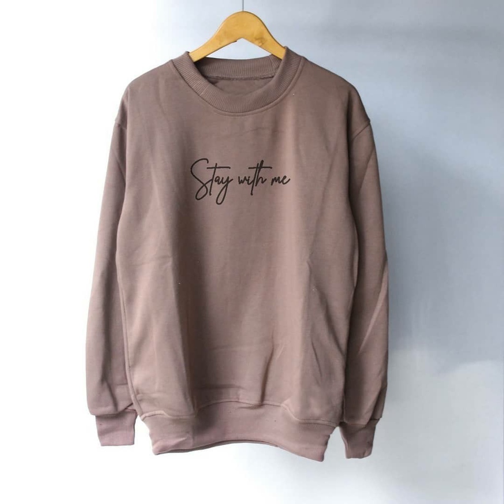 sweater tanpa kupluk pria xxl STAY WITH ME warna mocca crewneck oversize murah berkualitas