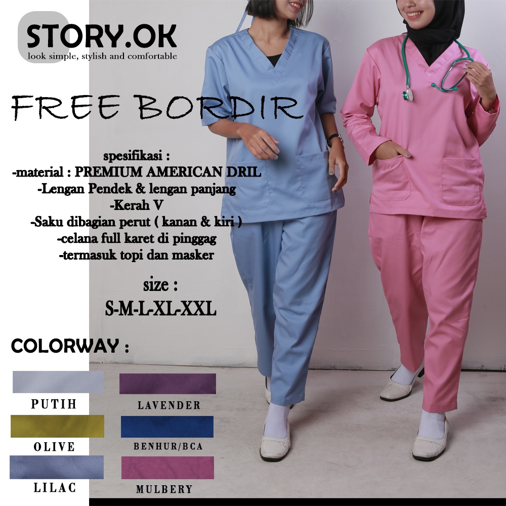 FREE BORDIR SCRUB MEDIS BAJU OK OKA SERAGAM JAGA PERAWAT DRILL PREMIUM