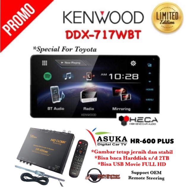PAKET Kenwood DDX-717WBT Head Unit Double Din Tape Mobil For Toyota & ASUKA HR-600 TV Tuner Digital