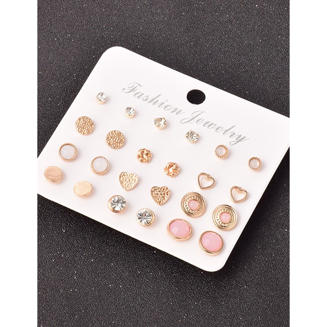 LRC Anting Tusuk Set Fashion Color Mixing Alloy Diamond Geometric Heart V00524