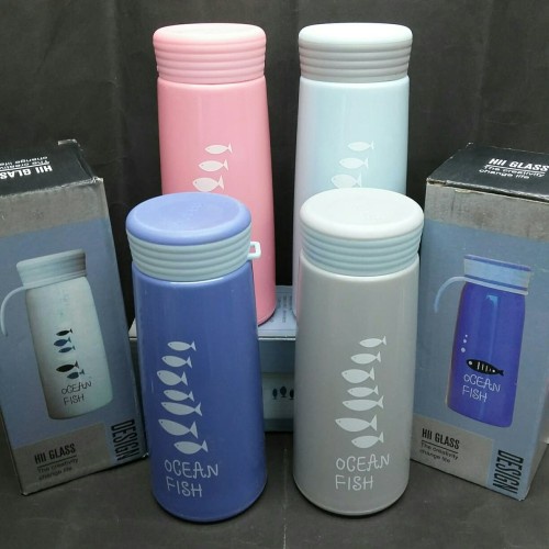 LDS BM5 Botol Minum Kaca Ocean Fish 360ml / Minnow Cup Tumbler / Botol Minum Ocean Fish Import / Tumbler Botol Minum Kaca Bening Cover Plastik Motif Ikan