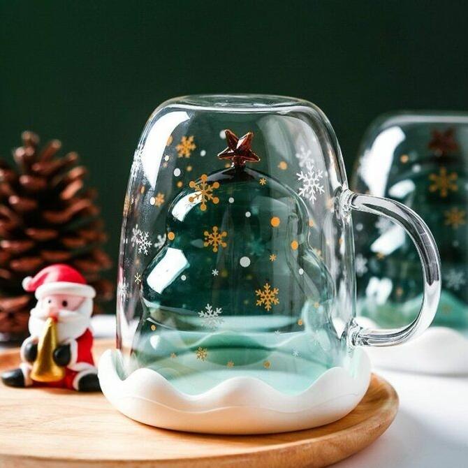 Double Glass Christmas Tree Cup Gelas Kaca Lucu Unik Pohon Natal 300ml