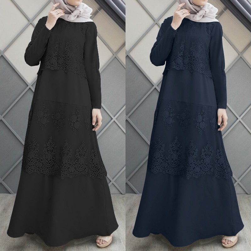 ZANZEA Women O Neck Long Sleeve Lace Stitching Muslim Long Dress