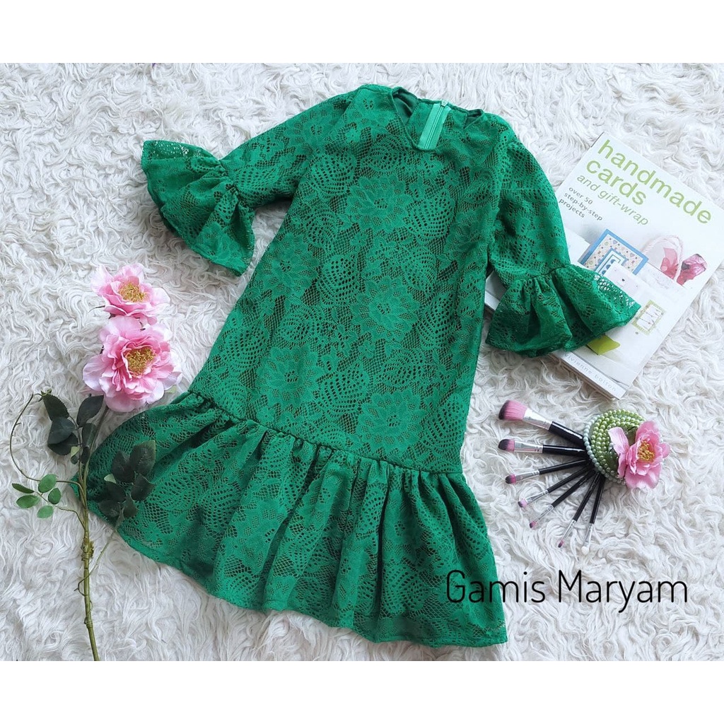 Gamis Maryam/Gamis Brukat Anak dan Dewasa/Gamis  Lucu Kekinian Warna Hijau Botol