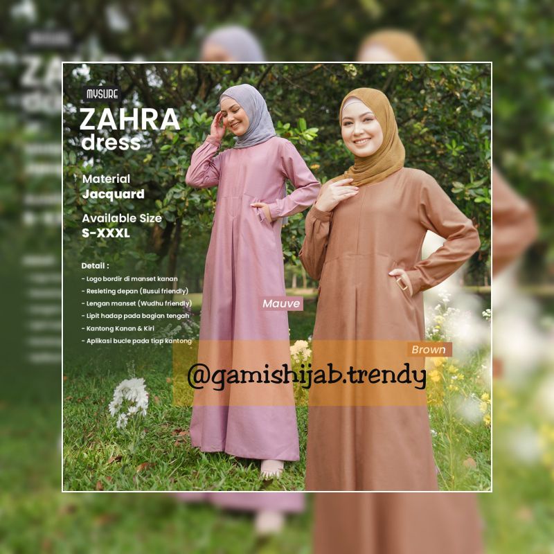 Mysure Zahra Dress Gamis Jacquard Zipper Depan Lengan Manset Busui Wudhu Friendly