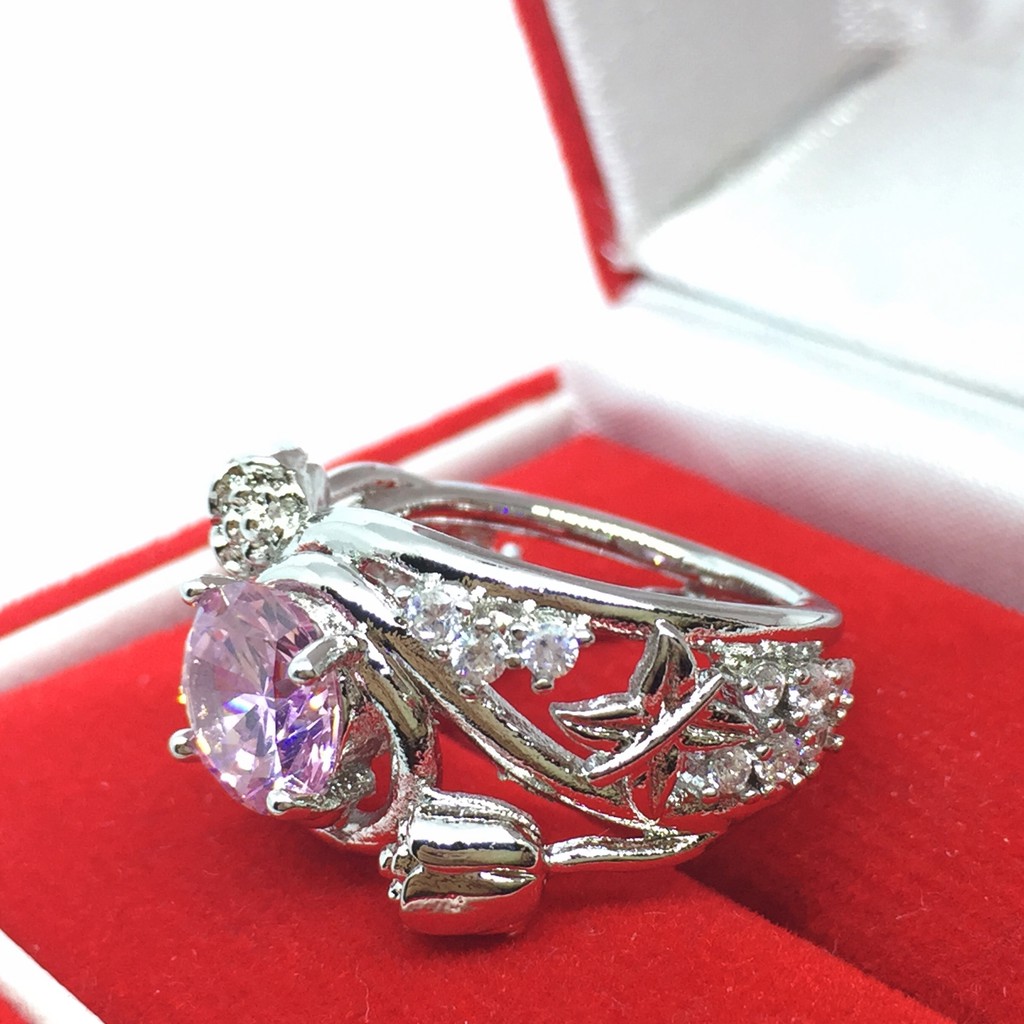 Cincin Lapis Emas Putih Batu Pink Rangka Tebal Bentuk Bunga - BR211