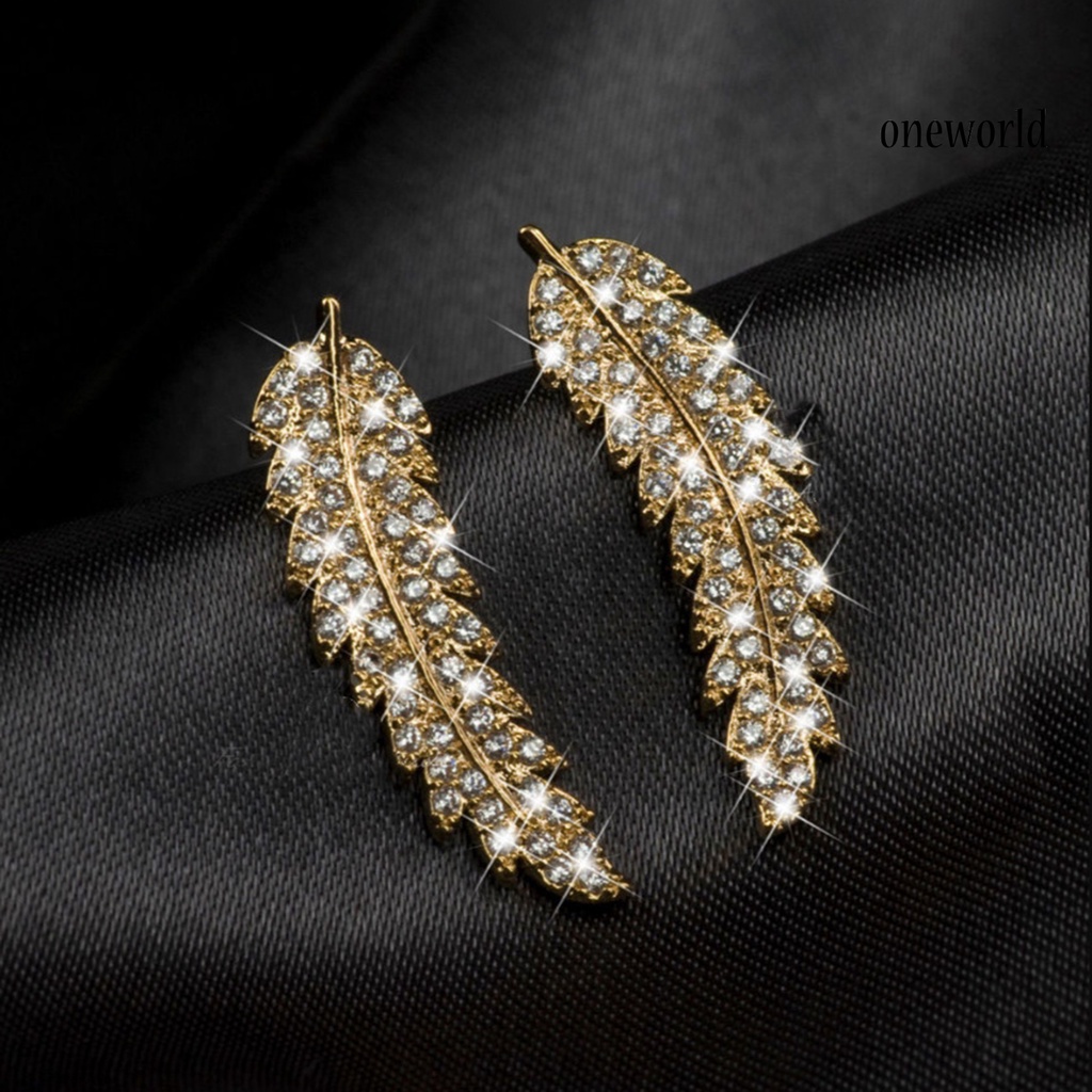 OW# Women Fashion Leaf Rhinestone Inlaid Ear Stud Earrings Romantic Jewelry Gift