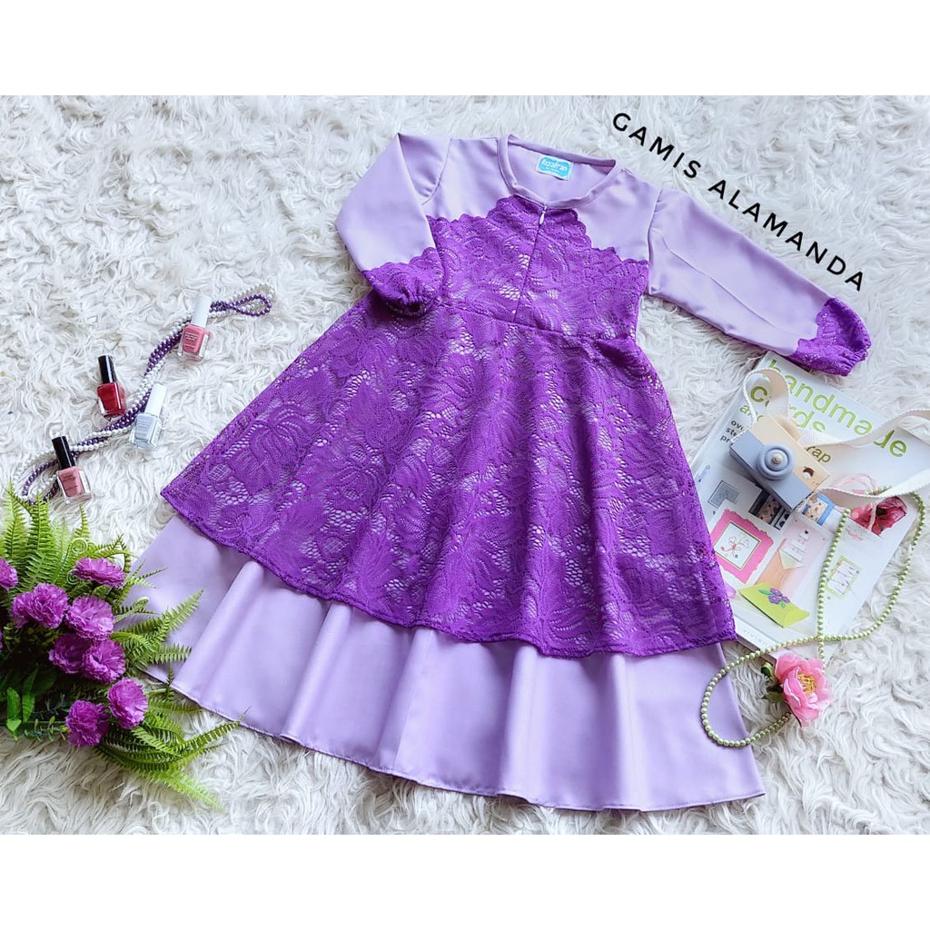 Baju Gamis Anak Alamanda Size 9 Tahun Warna Ungu Muda Combi Ungu Tua (ReadyStock)