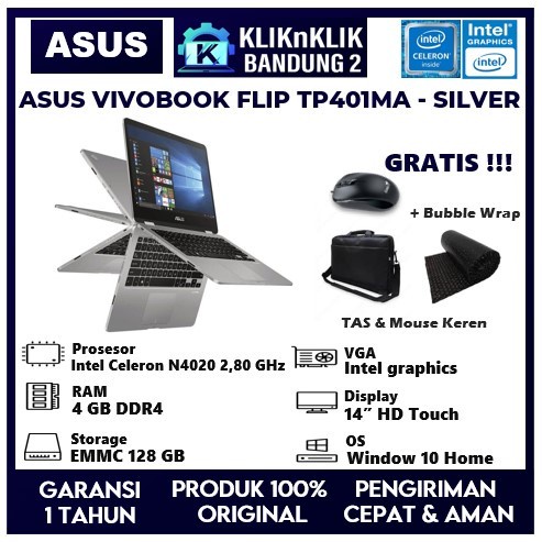 LAPTOP TOUCHSCREEN MURAH ASUS VIVOBOOK FLIP TP401MA N4020 4GB 128GB SILVER | GREY