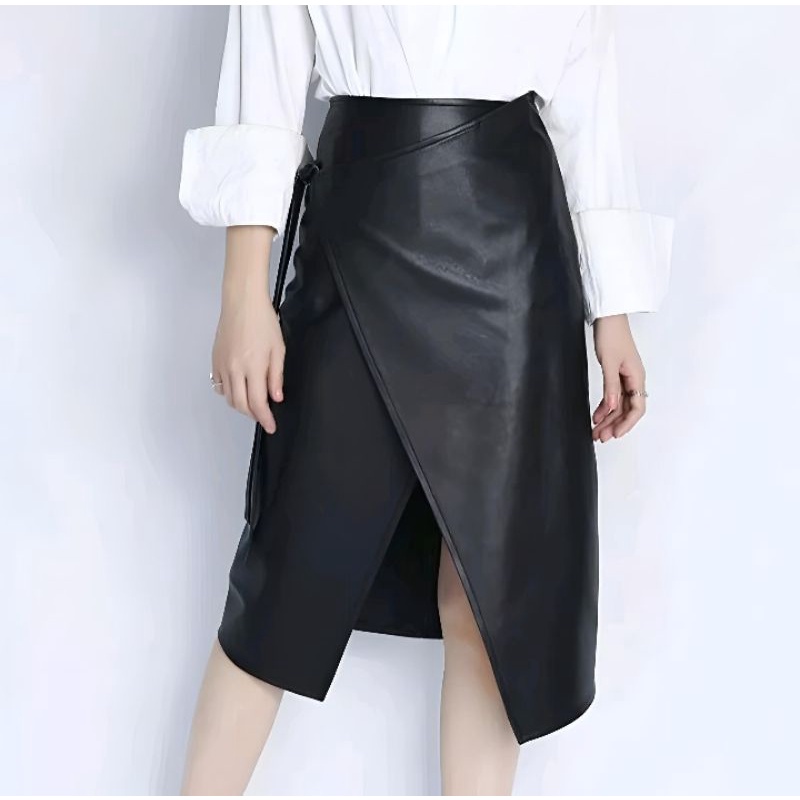 Rok Wanita PU Leather Rok Midi Body Wrap Asimetris 2022 by Tailor Labs - S6697