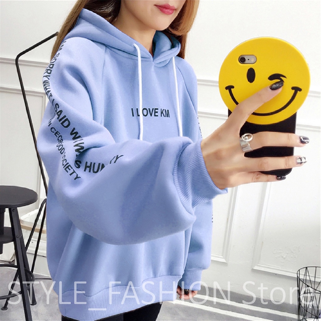 FenishaStore Sweater Hoodie Wanita I LOVE KM Lengan Panjang Size M L XL XXL-Bisa Bayar Ditempat COD